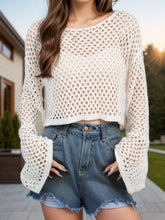 Cream openwork round neck long sleeve cover-up