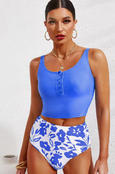 High Waist Two-Piece Tankini with Button Detail