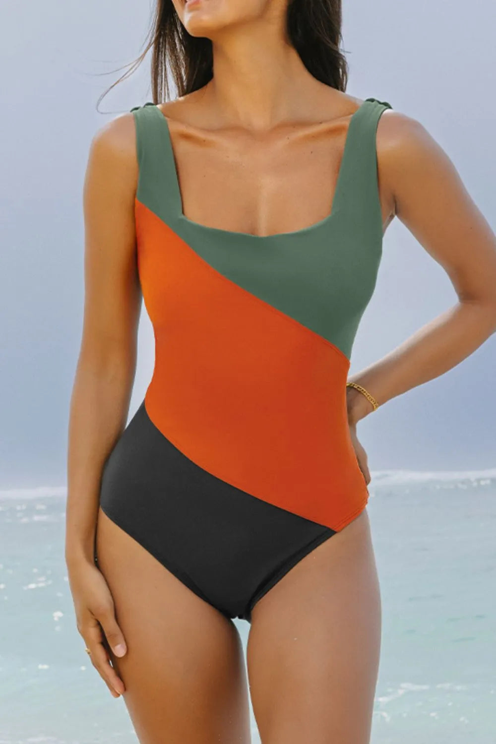 Multicolor color block swimsuit front view