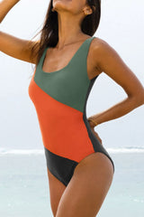 Front view of square neck one-piece swimsuit