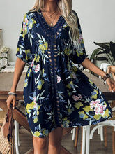Dark blue printed cover-up with crochet V-neck front