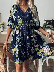 Dark blue printed cover-up with crochet V-neck front