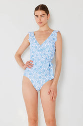 Blue ruffle faux wrap one-piece swimsuit