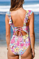 Back view fuchsia floral one-piece swimsuit