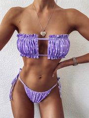 Lavender frill trim ruched bikini set front view