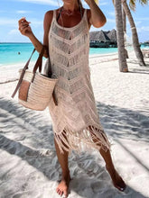 Front view of khaki fringe scoop neck cover-up