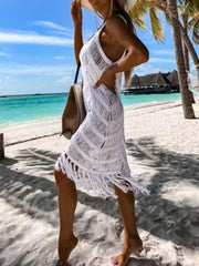 Front view of white fringe scoop neck cover-up