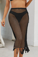 fringe openwork swim skirt black front view