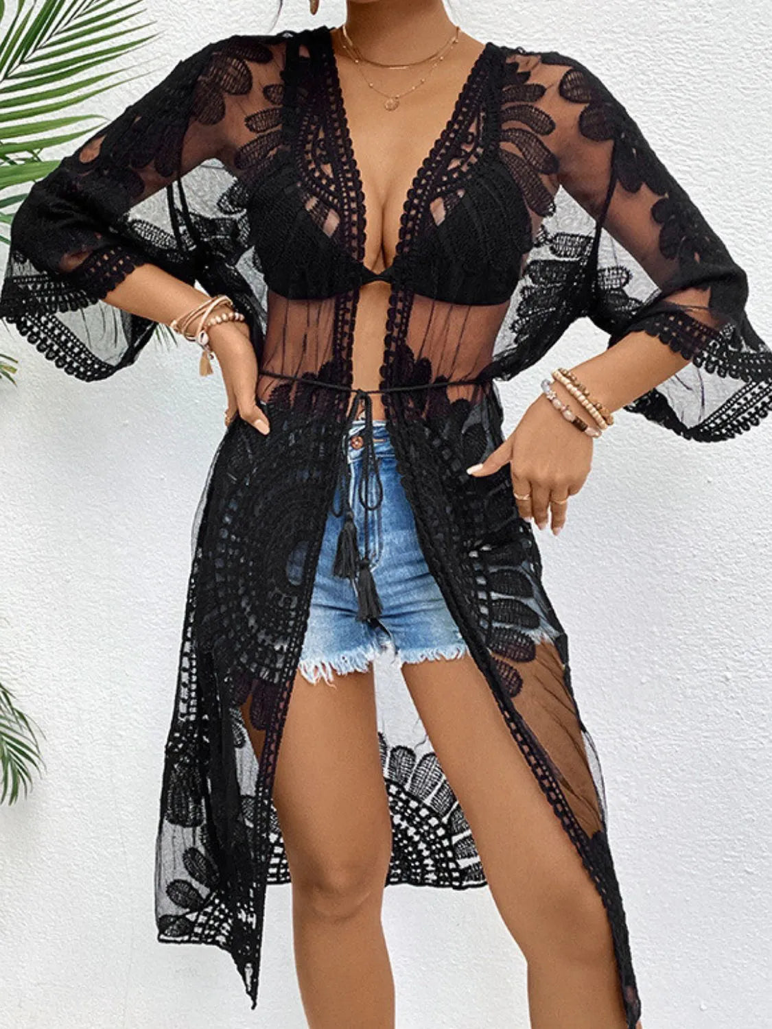 Black lace longline cover-up front view