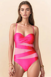 Pink mesh cutout one-piece swimsuit front view