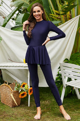 Front view of Mock Neck Long Sleeve One-Piece Swimwear in dark blue