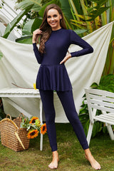 Front view of Mock Neck Long Sleeve One-Piece Swimwear in dark blue