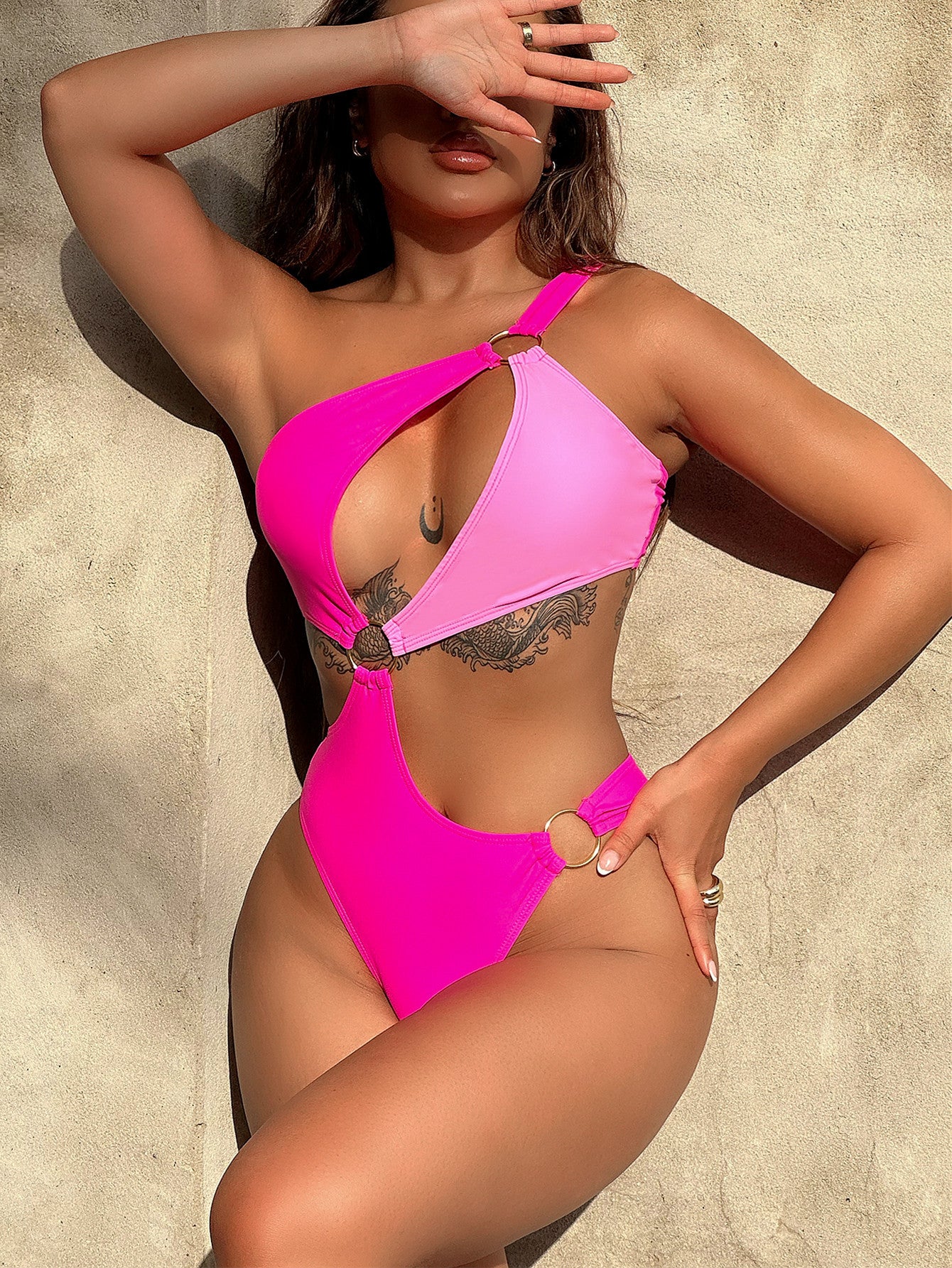 Front view of One-Shoulder Cutout Ring Detail One-Piece Swimsuit in hot pink