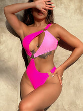 Front view of One-Shoulder Cutout Ring Detail One-Piece Swimsuit in hot pink