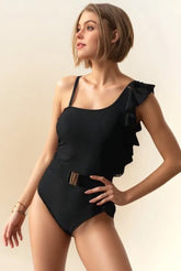 Black one shoulder ruffle swimsuit front view