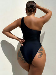 Back view of One-Shoulder Sleeveless One-Piece Swimsuit in black