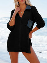 Front view of black openwork collared neck side slit beach