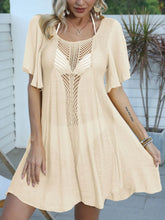 Front view of Openwork Flutter Sleeve Cover-Up Dress in tan