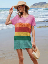 Rainbow openwork round neck short sleeve cover-up