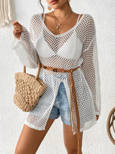 White V-neck openwork cover-up with slit front