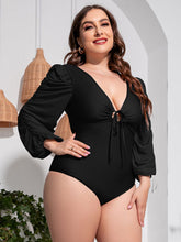 Front view of Plus Size Tied Deep V Balloon Sleeve One-Piece Swimsuit in black