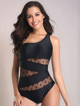 Black polka dot one-shoulder one-piece swimsuit front view