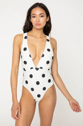 Ivory polka dot plunge swimsuit