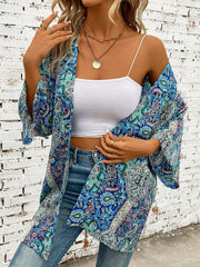 Teal open front cover-up with three-quarter sleeves