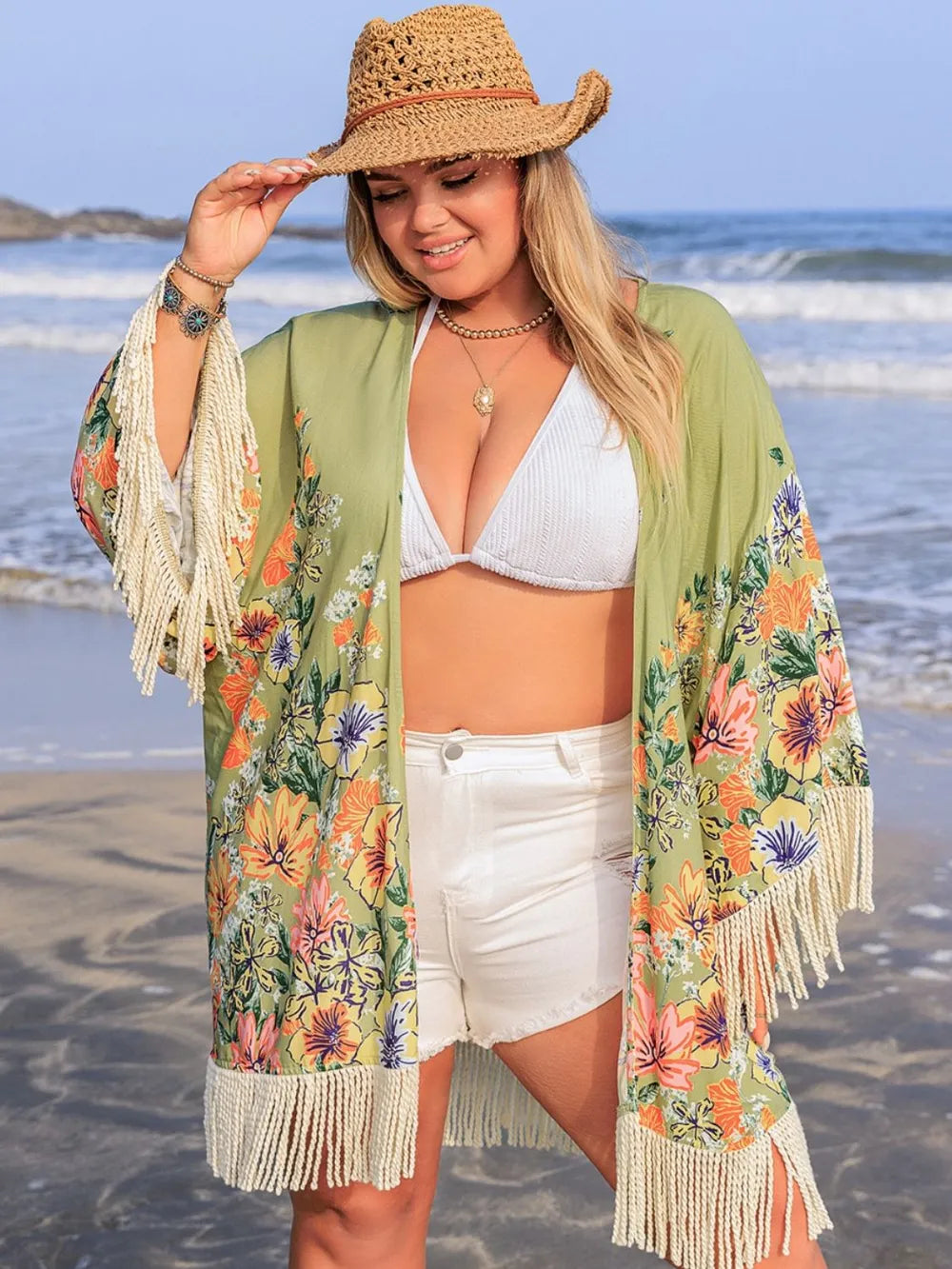 Front view of plus size sage fringe open front beach cover-up
