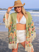 Front view of plus size sage fringe open front beach cover-up