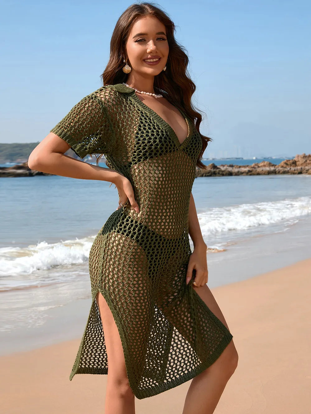 Slit Openwork Johnny Collar Short Sleeve Cover-Up in Matcha Green - Side View