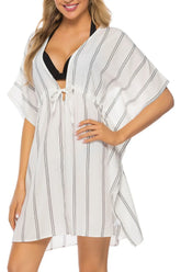 White striped V-neck drawstring cover-up front