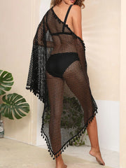 Black open front tassel cover-up front view