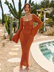 Front view of terracotta openwork square neck flare sleeve cover-up dress