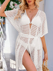 Front view white tied openwork swimsuit layer