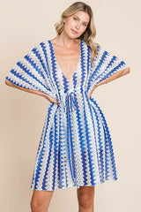 tied striped plunge half sleeve cover up royal blue front view