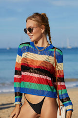 Colorful Stripe Sheer Openwork Swim Cover-Up