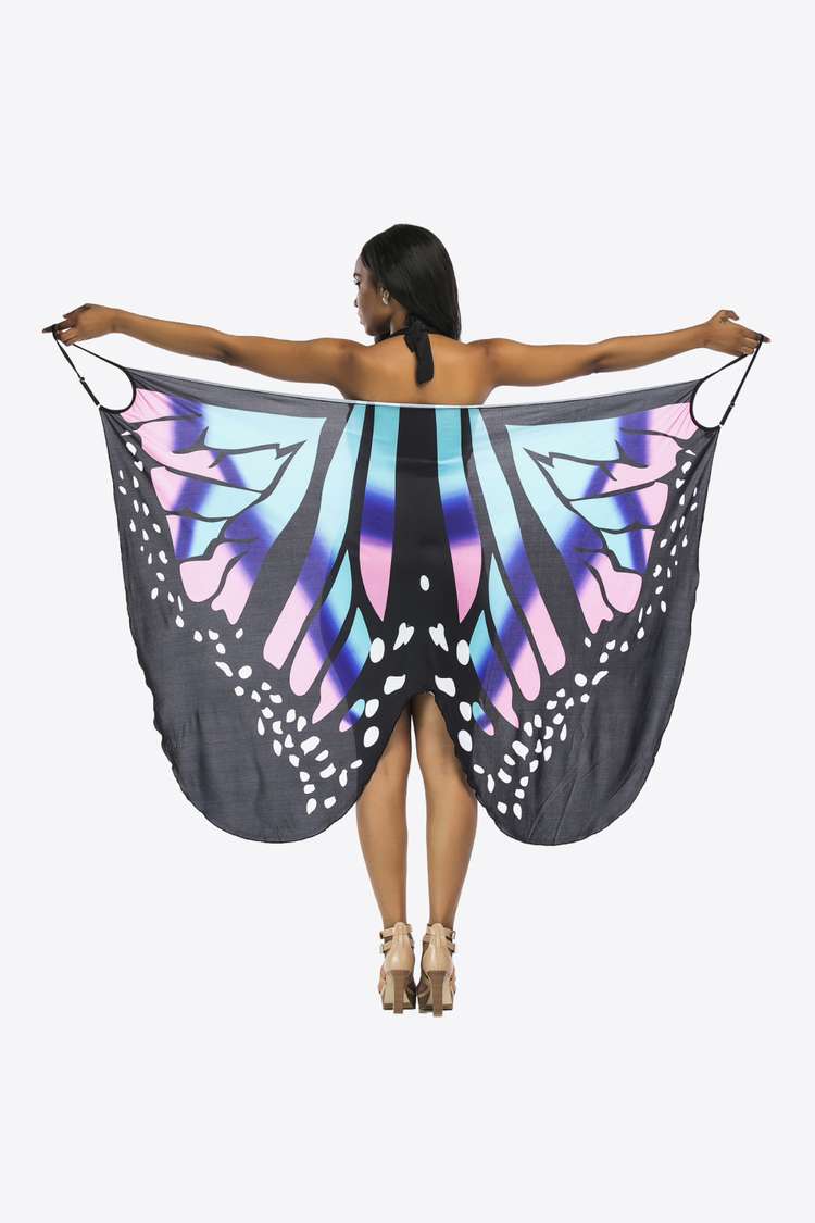 Long beach cover-up with butterfly print and spaghetti straps. Opaque and comfortable.