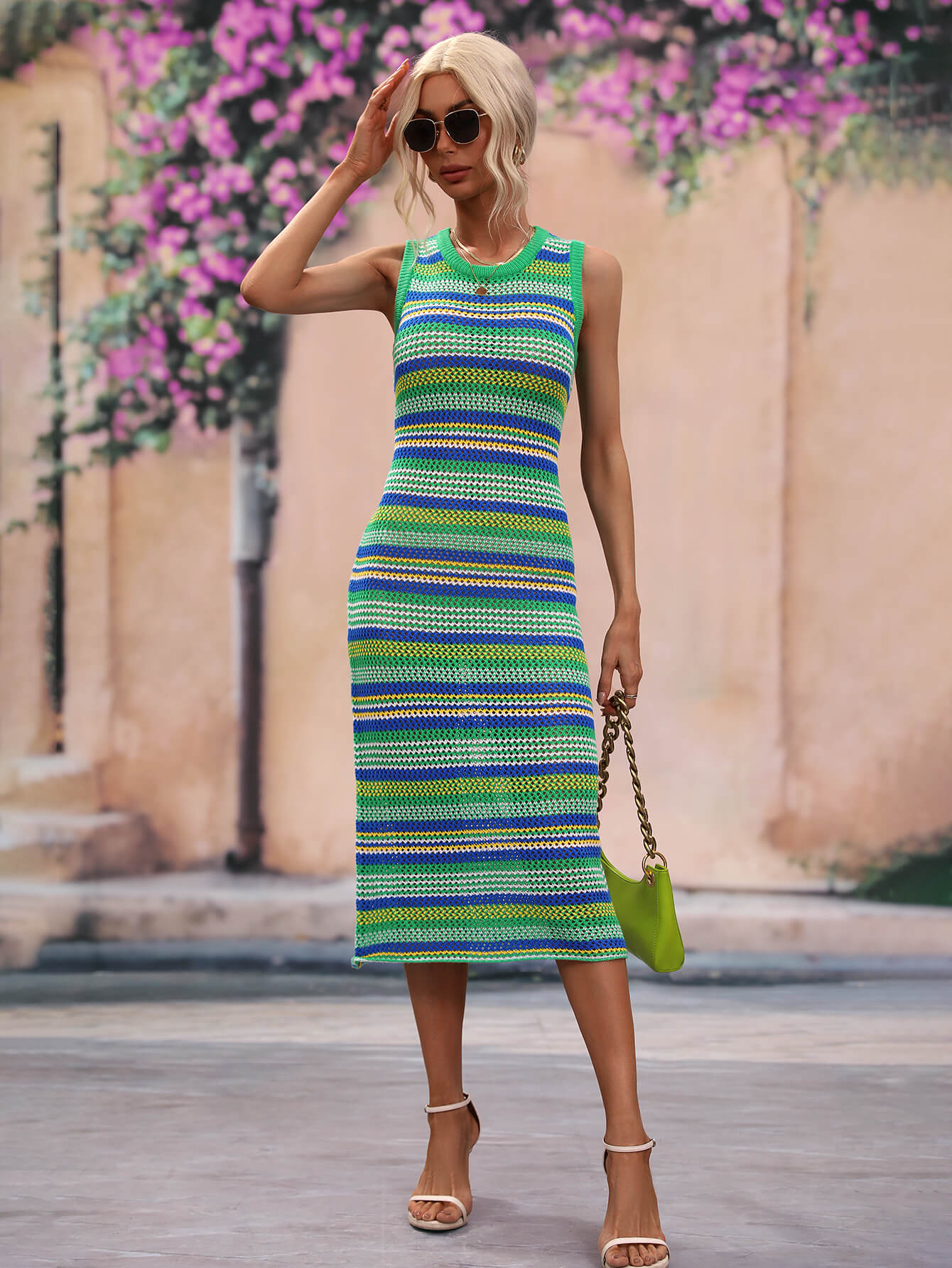 Lightweight striped cover-up dress with round neck