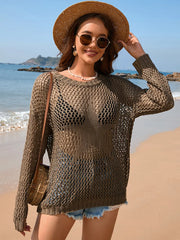 Openwork Dropped Shoulder Cover-Up in Mocha - Front View 1