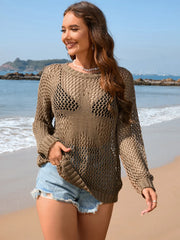Openwork Dropped Shoulder Cover-Up in Mocha - Front View 2