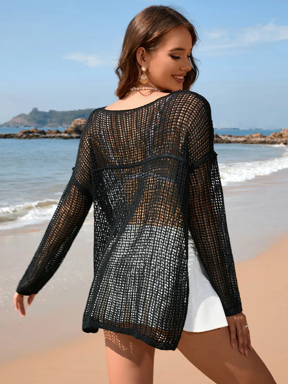 Openwork Slit Boat Neck Long Sleeve Cover-Up in Black - Back View