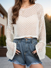 Cream openwork round neck long sleeve cover-up