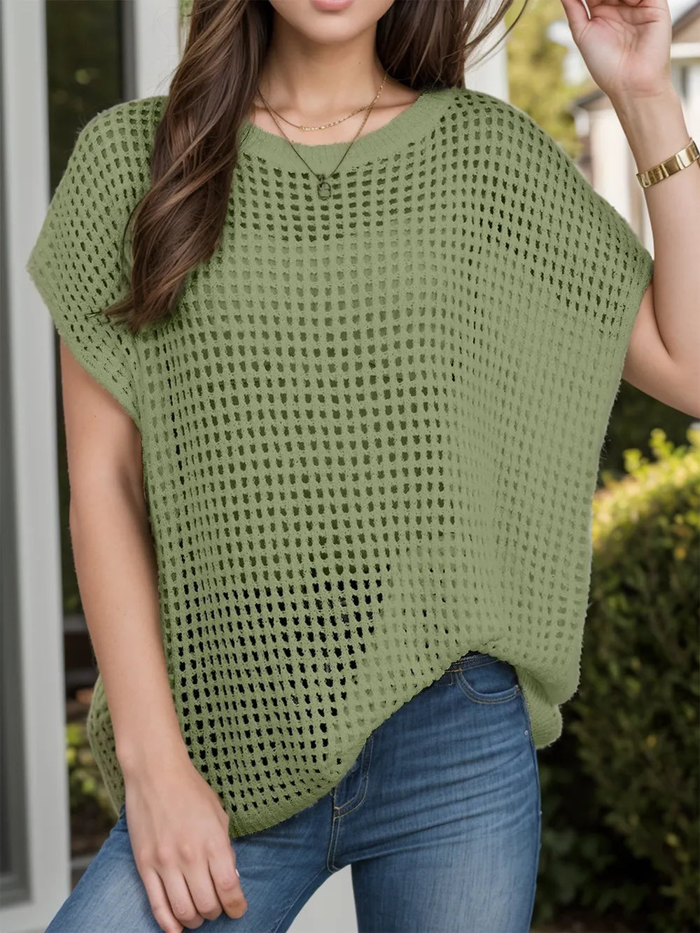 Moss openwork short sleeve swim cover-up