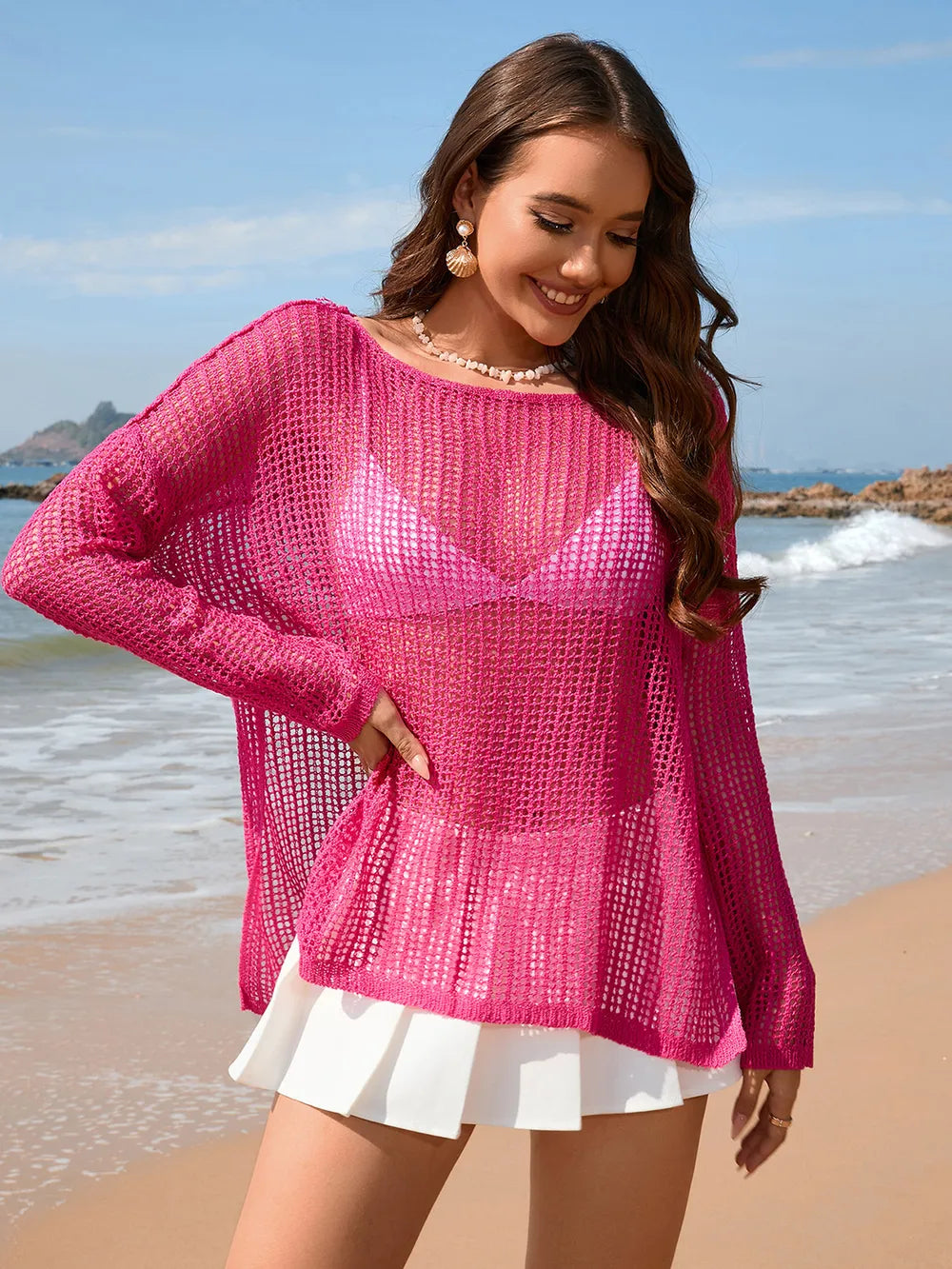 Openwork Slit Boat Neck Long Sleeve Cover-Up in Hot Pink - Front View 1