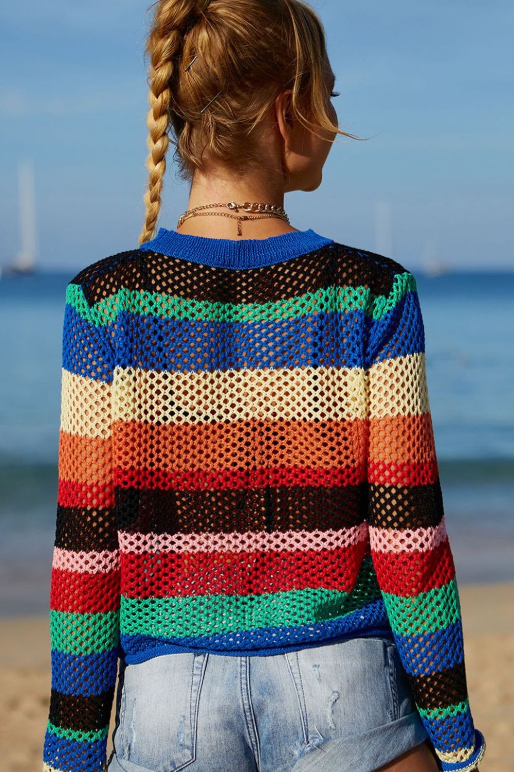 Sheer Rainbow Striped Beach Top for Women - Back View