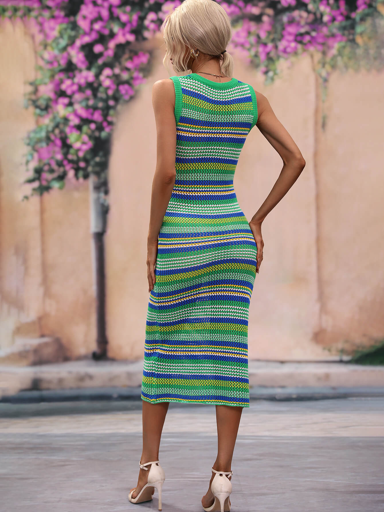 Side view of openwork striped beach cover-up dress