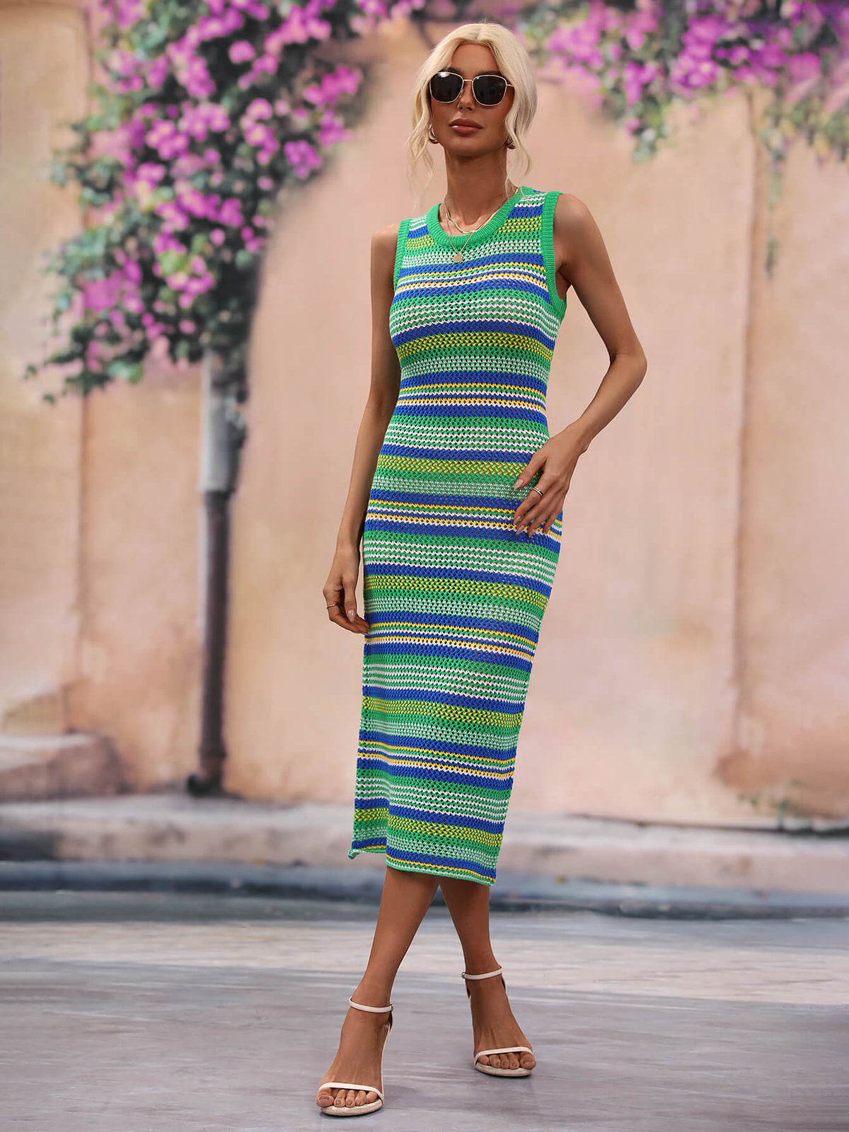 Sheer striped knit sleeveless cover-up on model