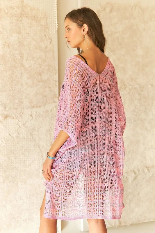 Back view of ADORA pink crochet cover-up tunic