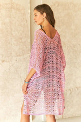 Back view of ADORA pink crochet cover-up tunic